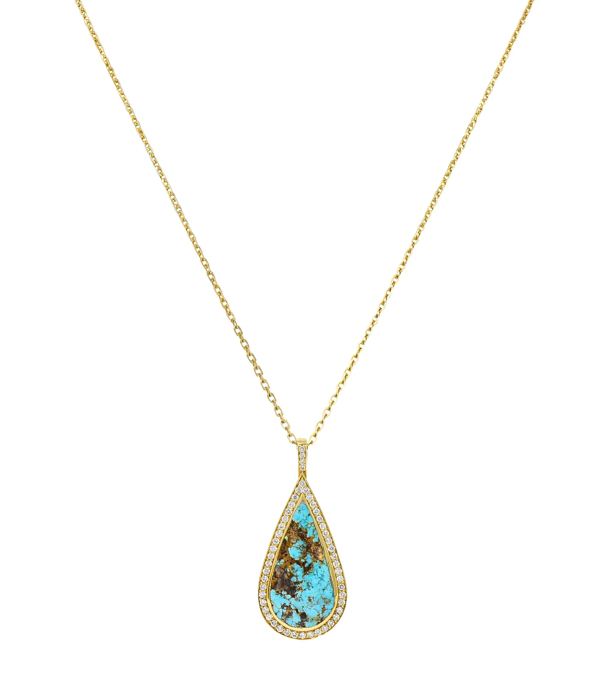 Vintage Turquoise 1.25 CTW Diamond 18 Karat Gold Drop Pendant Necklace