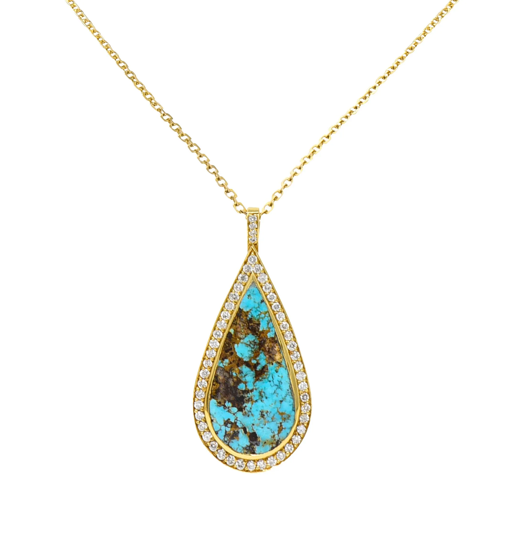 Vintage Turquoise 1.25 CTW Diamond 18 Karat Gold Drop Pendant Necklace