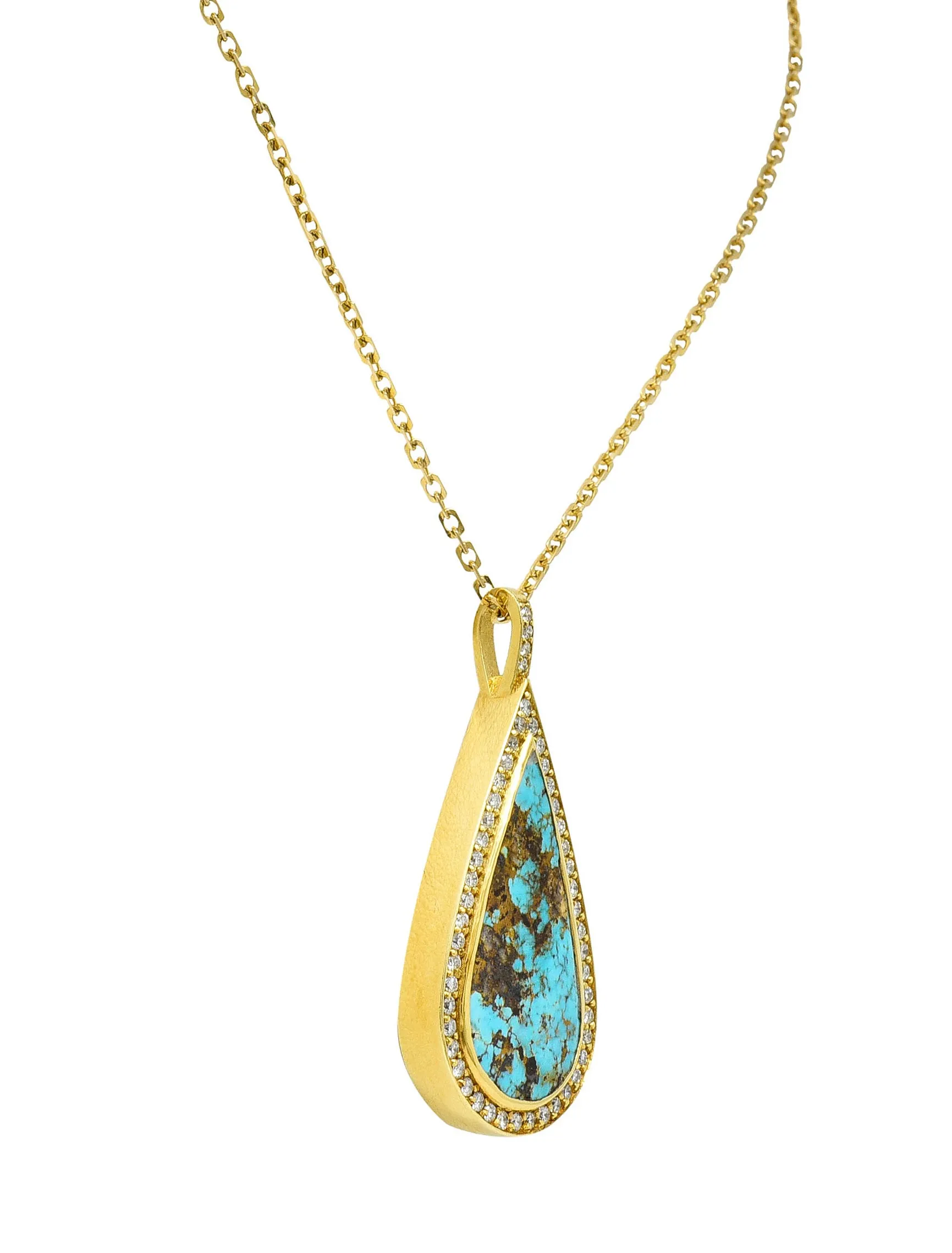 Vintage Turquoise 1.25 CTW Diamond 18 Karat Gold Drop Pendant Necklace