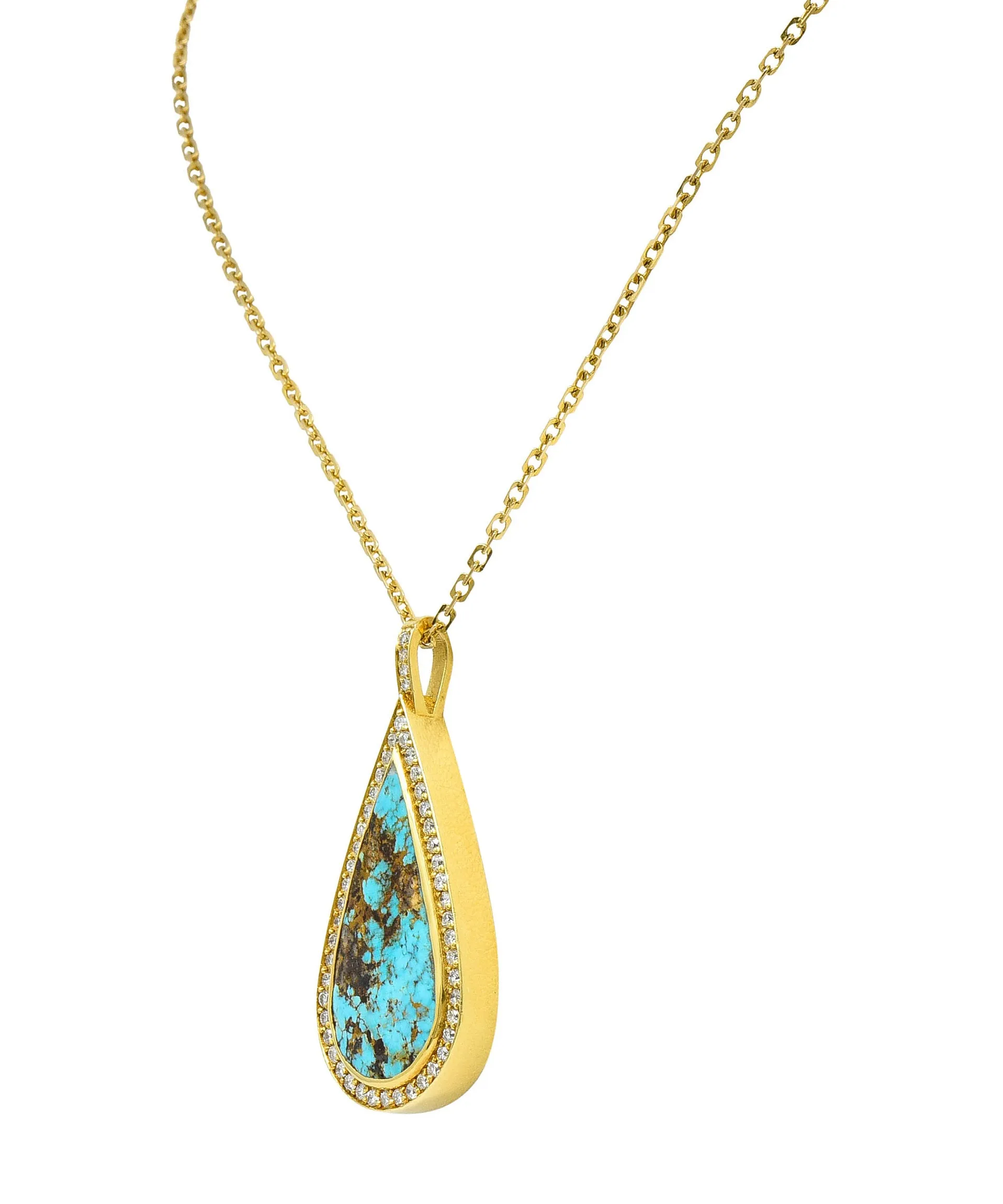 Vintage Turquoise 1.25 CTW Diamond 18 Karat Gold Drop Pendant Necklace