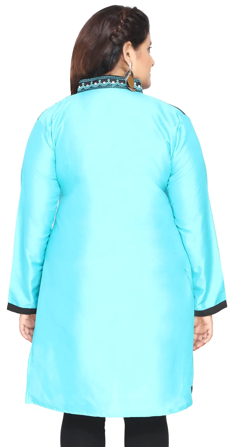 Women's Poly Silk Indian Tunics Kurti Long Top Plus Size (Turquoise)