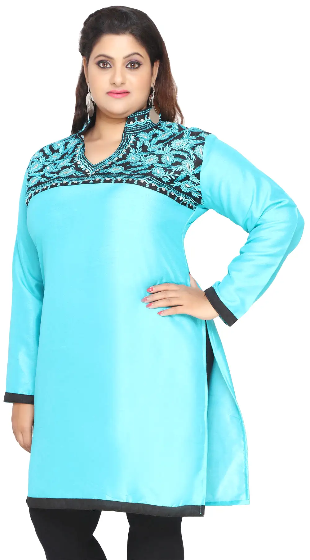 Women's Poly Silk Indian Tunics Kurti Long Top Plus Size (Turquoise)